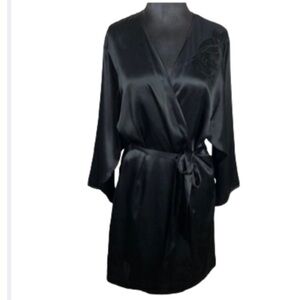 Vintage Josie Robe Women’s Black Satin Mesh Inlay Tie Waist Hand Pocket Romantic